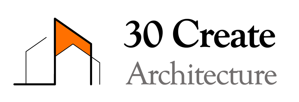Architectural Services 30 Create Architecture logo featuring a minimalist orange and black geometric house outline with clean serif typography on a white background.