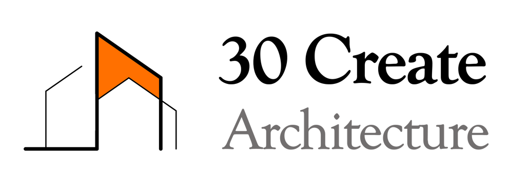 30 Create 30 Create Architecture logo featuring a minimalist orange and black geometric house outline with clean serif typography on a white background.