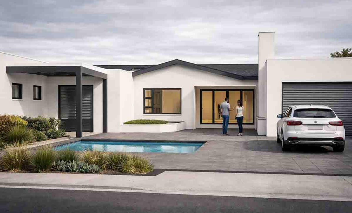High-end residential 3D rendering showing a minimalist U-shaped house with a private swimming pool, outdoor patio area, and white modern facade under a cloudy sky.