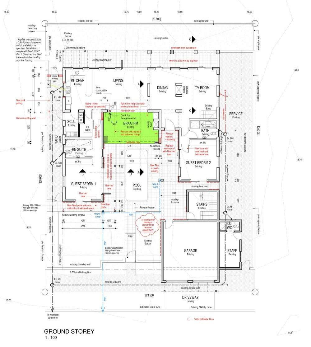 Ground Storey Detailed ground storey architectural plan featuring a U-shaped residential layout, including a central pool area, braai room, kitchen, and staff quarters with technical dimension strings.