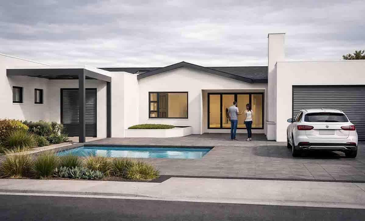 House Leonard High-end residential 3D rendering showing a minimalist L-shaped house with a private swimming pool, outdoor patio area, and white modern facade under a cloudy sky.