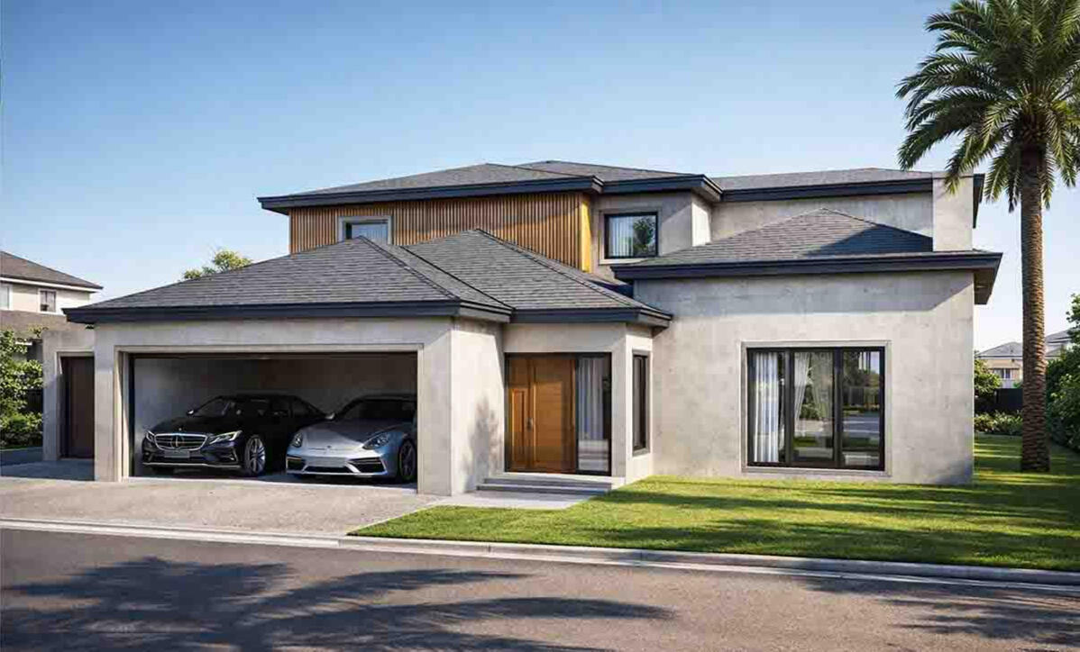 Photorealistic 3D architectural render of House Cohen, a modern two-story residence with a smooth gray concrete finish, warm wood accents, and a spacious two-car garage featuring luxury vehicles.
