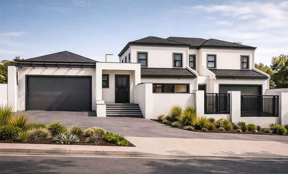 Modern residential architecture visualization featuring a clean white exterior, dark metal window frames, and minimalist desert landscaping with a charcoal gray garage door.