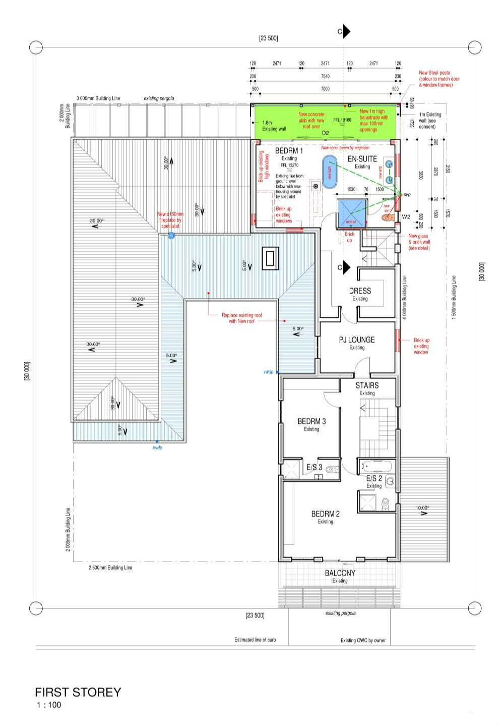 First Storey First storey architectural drawing showing the upper-level suite with a private balcony, PJ lounge, and multiple bedrooms with en-suite bathrooms and spatial annotations.