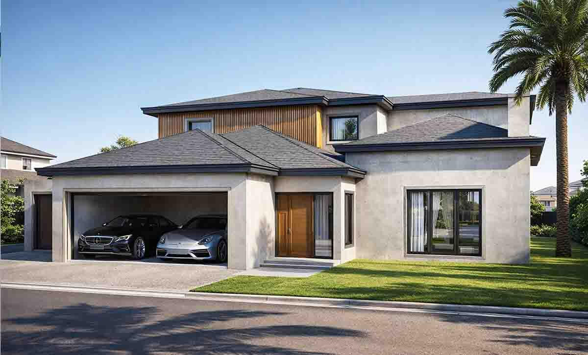 Photorealistic 3D architectural render of House Cohen, a modern two-story residence with a smooth gray concrete finish, warm wood accents, and a spacious two-car garage featuring luxury vehicles.