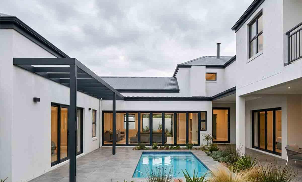 House Jones Architectural visualization of a modern home courtyard with large floor-to-ceiling glass folding doors, white plaster walls, and a sleek black pergola overlooking a swimming pool.