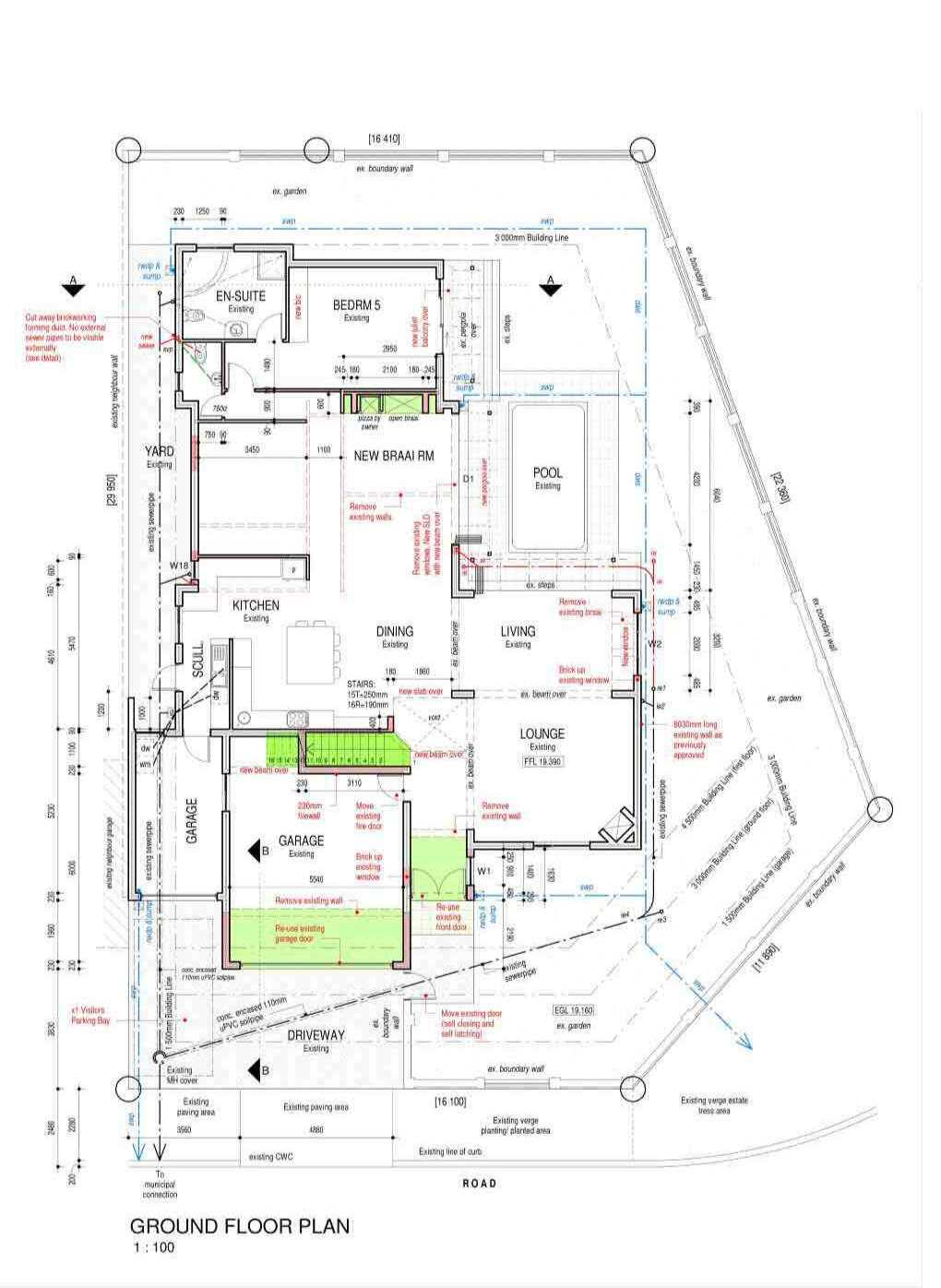 Detailed architectural ground floor plan showing a residential layout with a kitchen, living area, lounge, and a two-car garage, including technical annotations and property boundary lines.