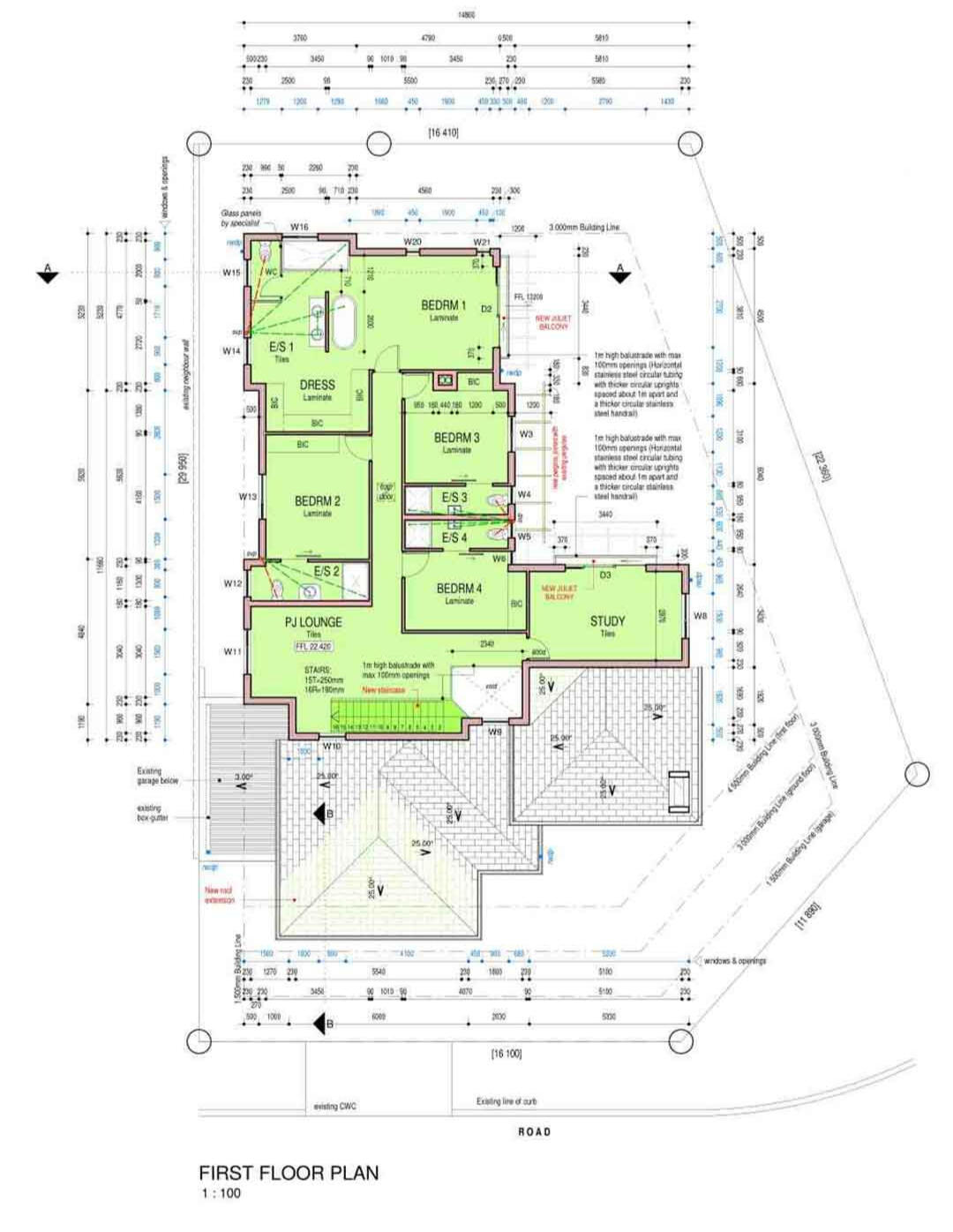 First Floor Plan Technical first floor architectural drawing illustrating a multi-bedroom residential layout with en-suite bathrooms, a study, and a PJ lounge, color-coded for space planning.