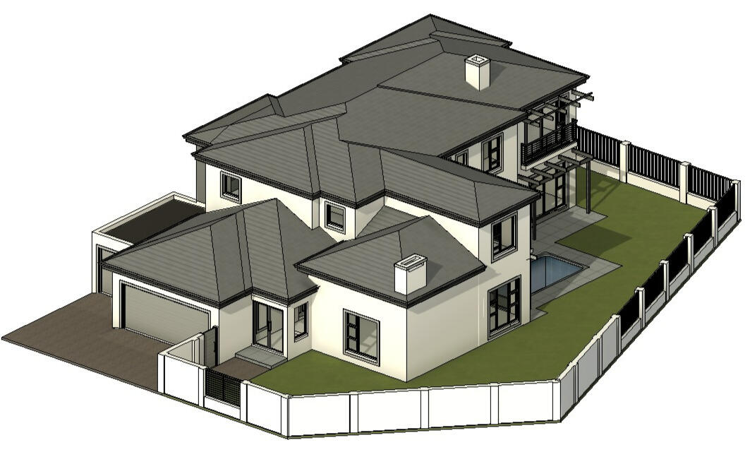 3D models High-angle 3D architectural model of a modern multi-story residential building with a tiled roof, white exterior walls, and a secure perimeter fence.
