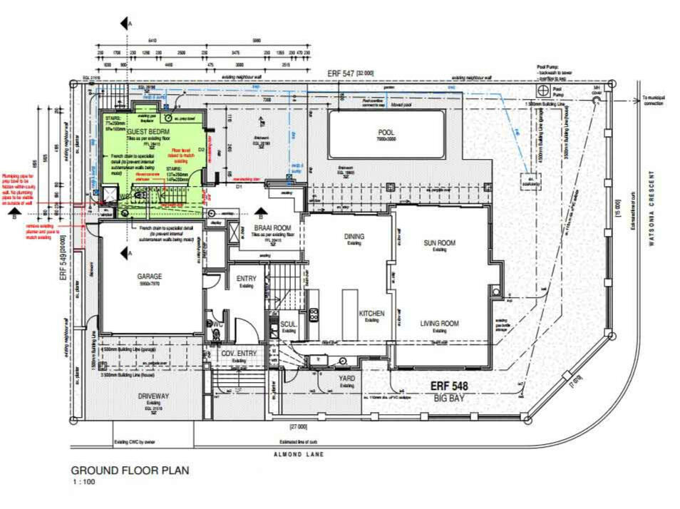 Technical architectural site plan for a corner-lot residence, showing the ERF boundary, ground floor layout with a braai room, sun room, and swimming pool placement.