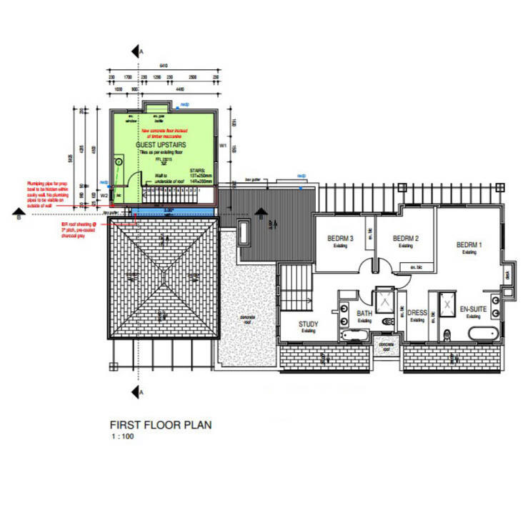 First Floor Plan Architectural floor plan of the upper level featuring a guest upstairs suite, multiple bedrooms, and a study, with precise dimensions and spatial annotations.
