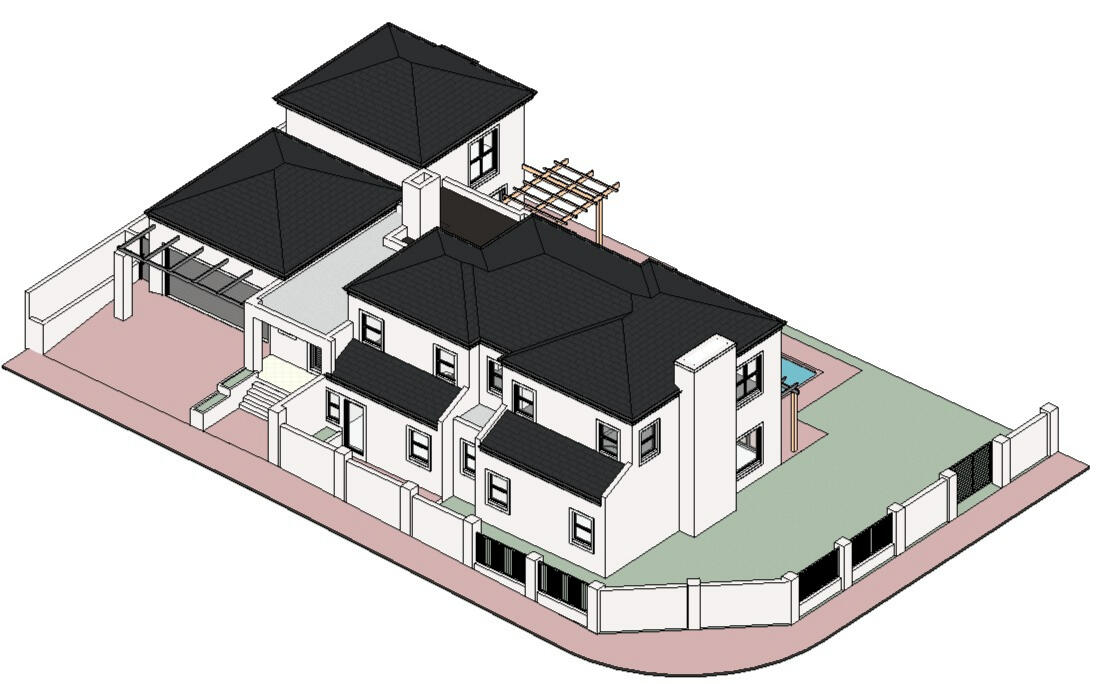 3D Model 3D axonometric view of a modern residential design showing the street-facing facade, dark gabled roofs, and white exterior finish on a corner property.