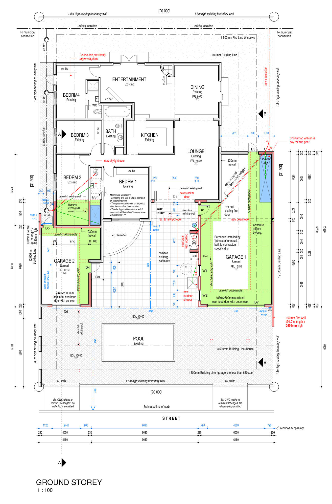 Ground Storey Architectural ground storey plan for a modern residence featuring a double garage, central pool courtyard, and an integrated entertainment and lounge area.
