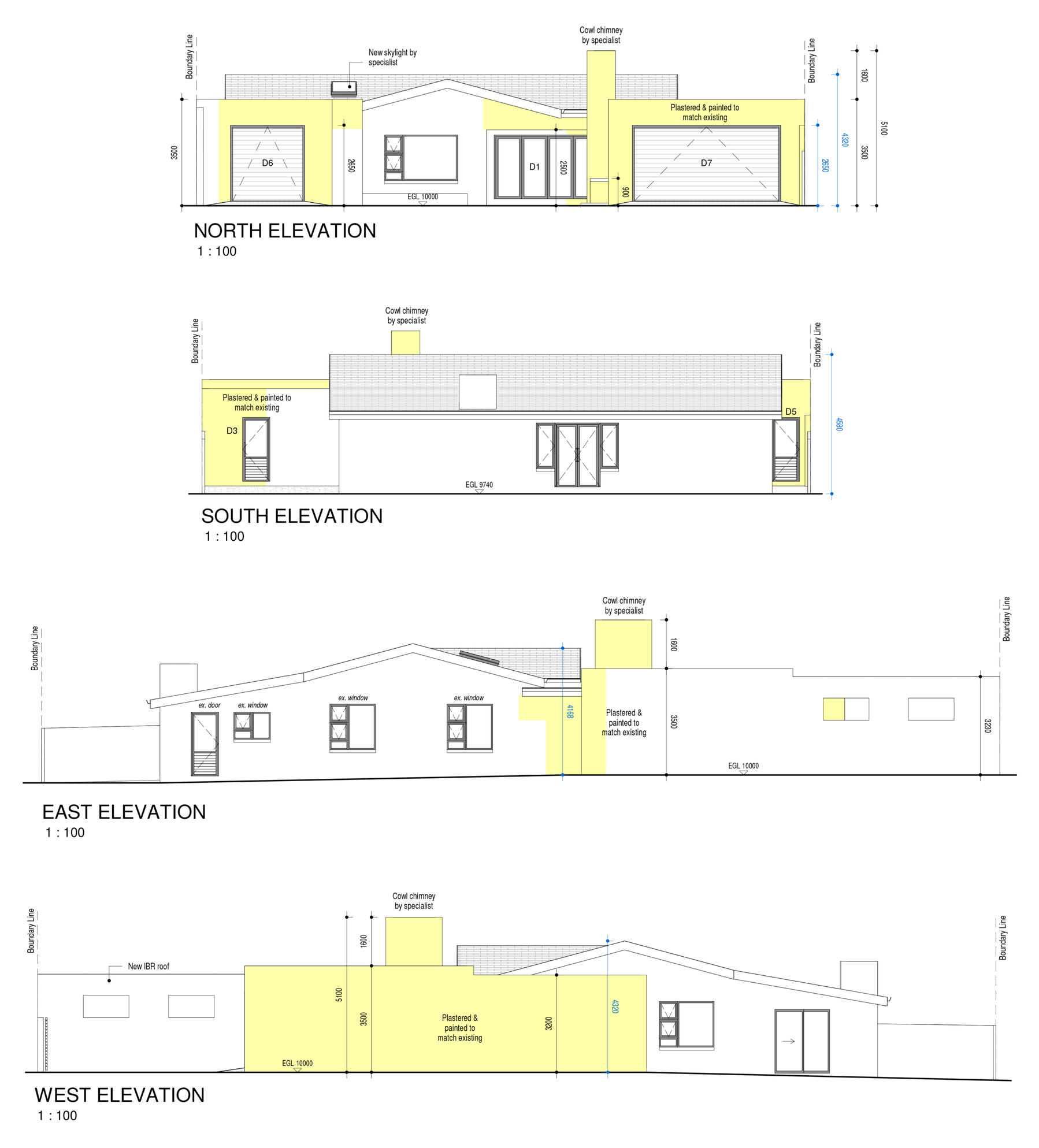 Technical architectural elevation drawings showing the north, south, east, and west exterior views of a modern residential building with gabled rooflines and plaster finishes.