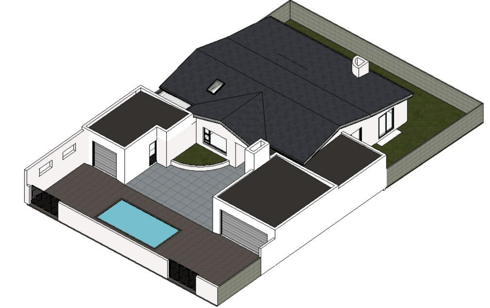 Detailed 3D architectural visualization showing the rear view of a luxury residence with an outdoor patio, swimming pool, and sleek modern fencing.